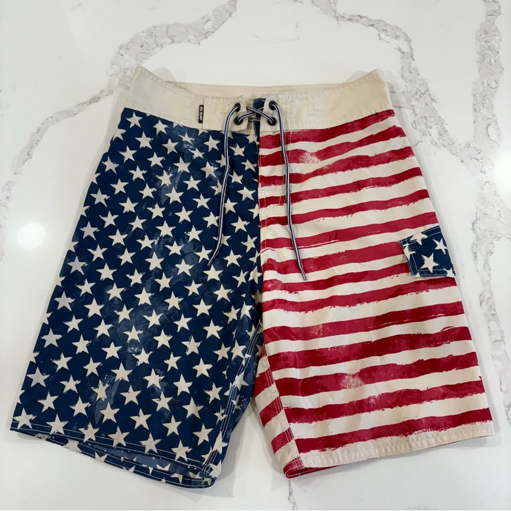 RS Surf Men's Red White & Blue Star & Stripe Swim Trunks Board Shorts Size 30